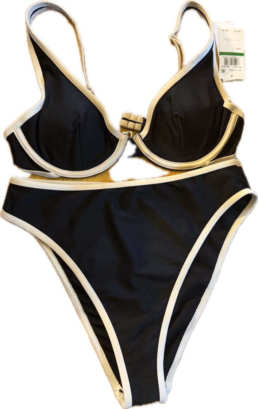 Salt + Cove Bikini Set Womens Size L Black White Trim Underwire High